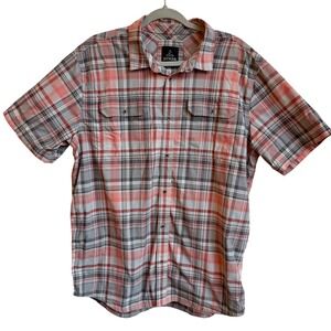Prana‎ Plaid Short Sleeve Button Down Men's L Gray Orange Lightweight Outdoor